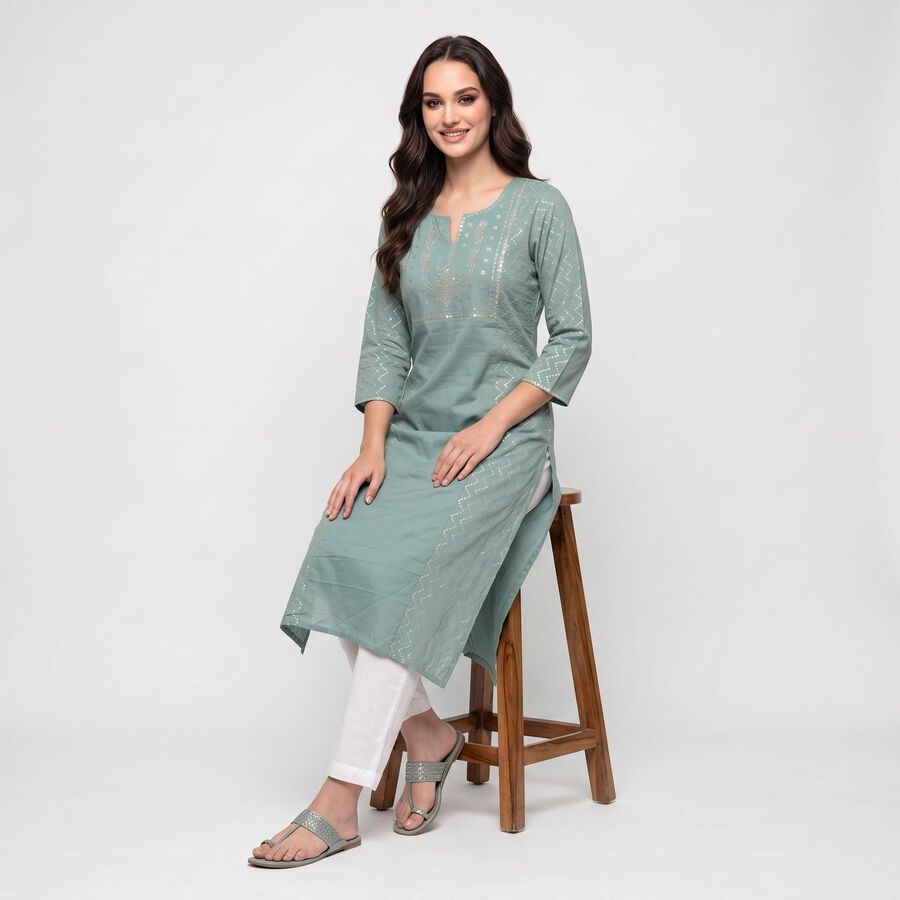 Women's Aqua Green Cotton Notch Neck Embroidered Kurta, Aqua, large