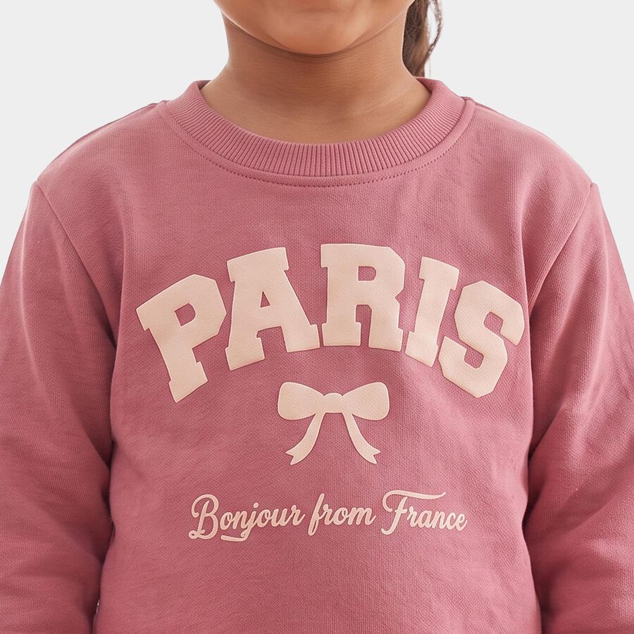 Girls Pink Crew Neck Pullover Sweatshirt, गुलाबी, large