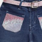 Girls' Dark Indigo Blue Flared Fit Embellished Jeans, Mid Blue, small image number null