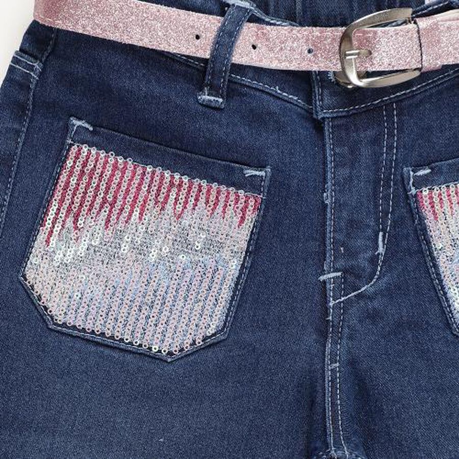 Girls' Dark Indigo Blue Flared Fit Embellished Jeans, Mid Blue, large image number null