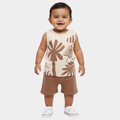Infants' Beige Cotton Round Neck Solid Baba Suit