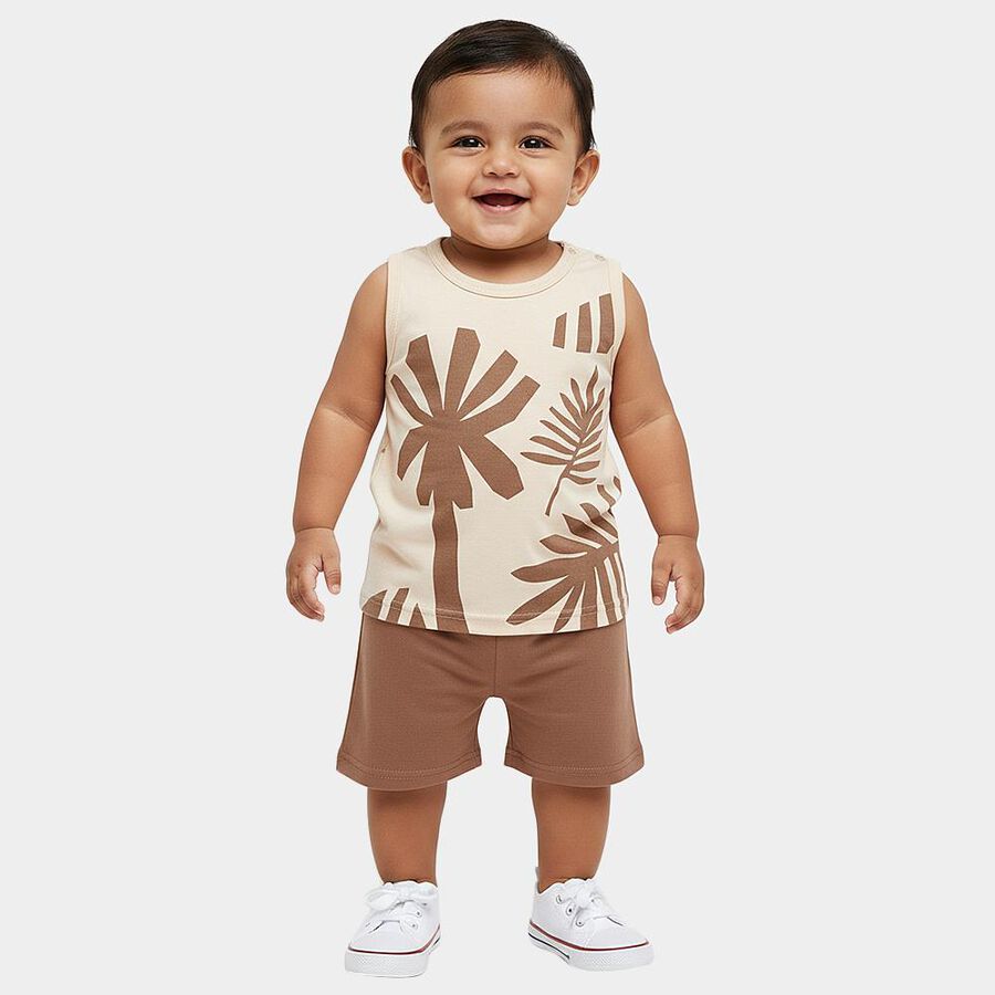 Infants' Beige Cotton Round Neck Solid Baba Suit, Beige, large
