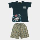 Boys' Teal 100% Cotton Crew Neck Graphic Print Baba Suit, टील ब्लू, small