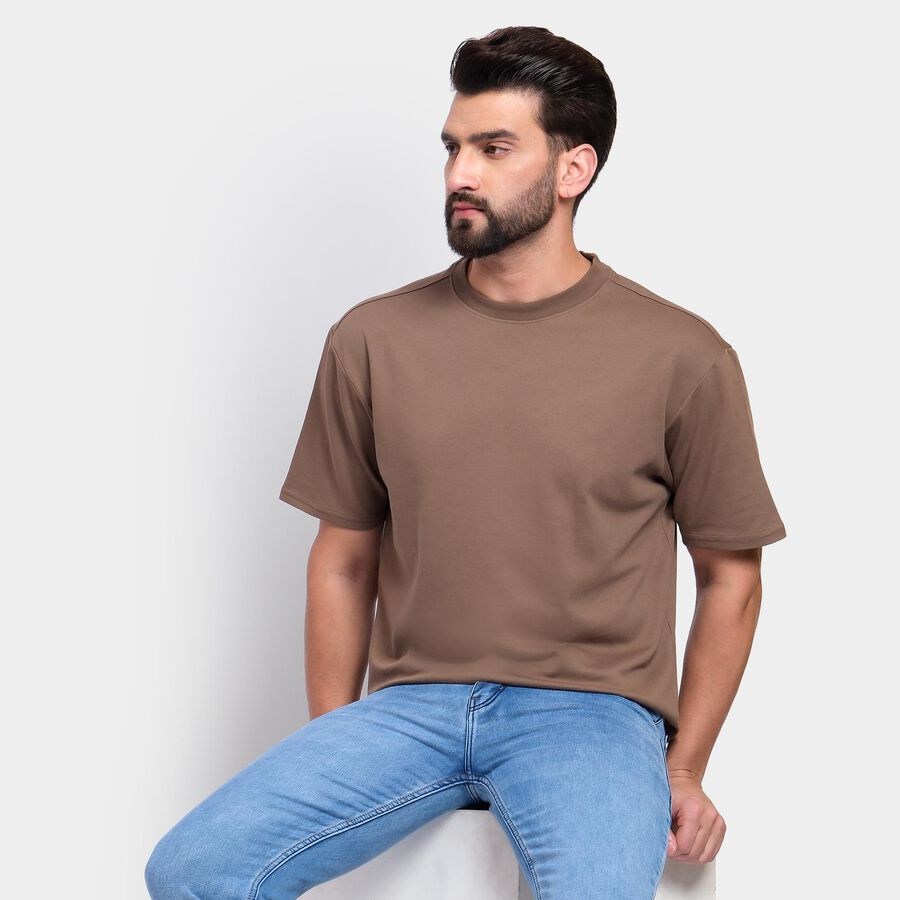 Men's Round Neck Half Sleeves T-Shirt , खाकी, large