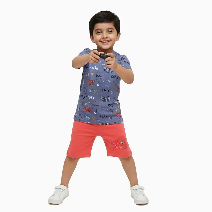 Boys' Blue Cotton Round Neck Printed Baba Suit, Dark Grey, large