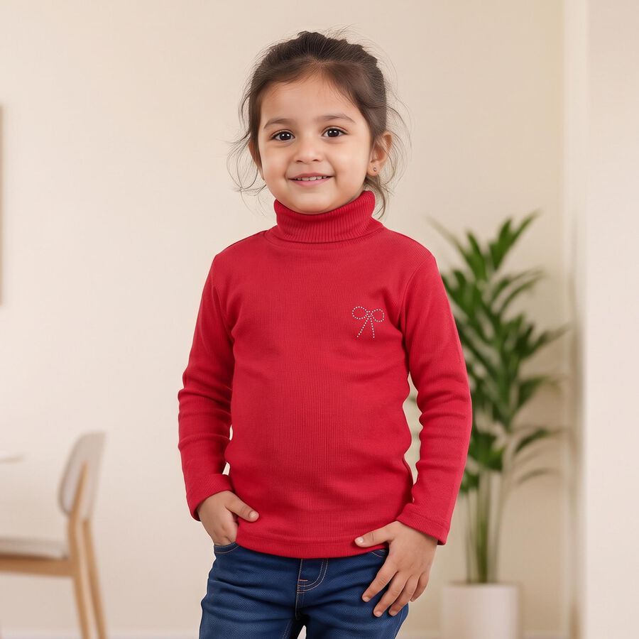 Girls' Fuchsia Turtleneck Embellished Pullover, Fuchsia, large