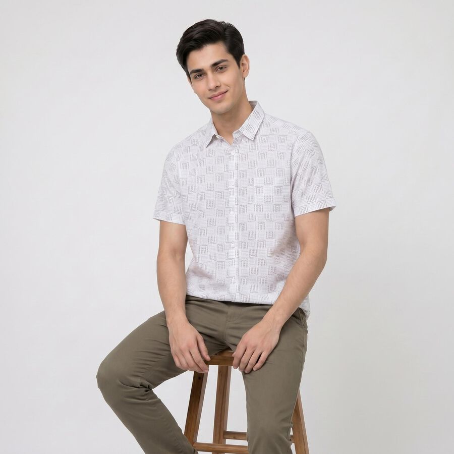 Men's White Cotton Short Sleeve Spread Collar Regular Fit Casual Shirt, Off White, large