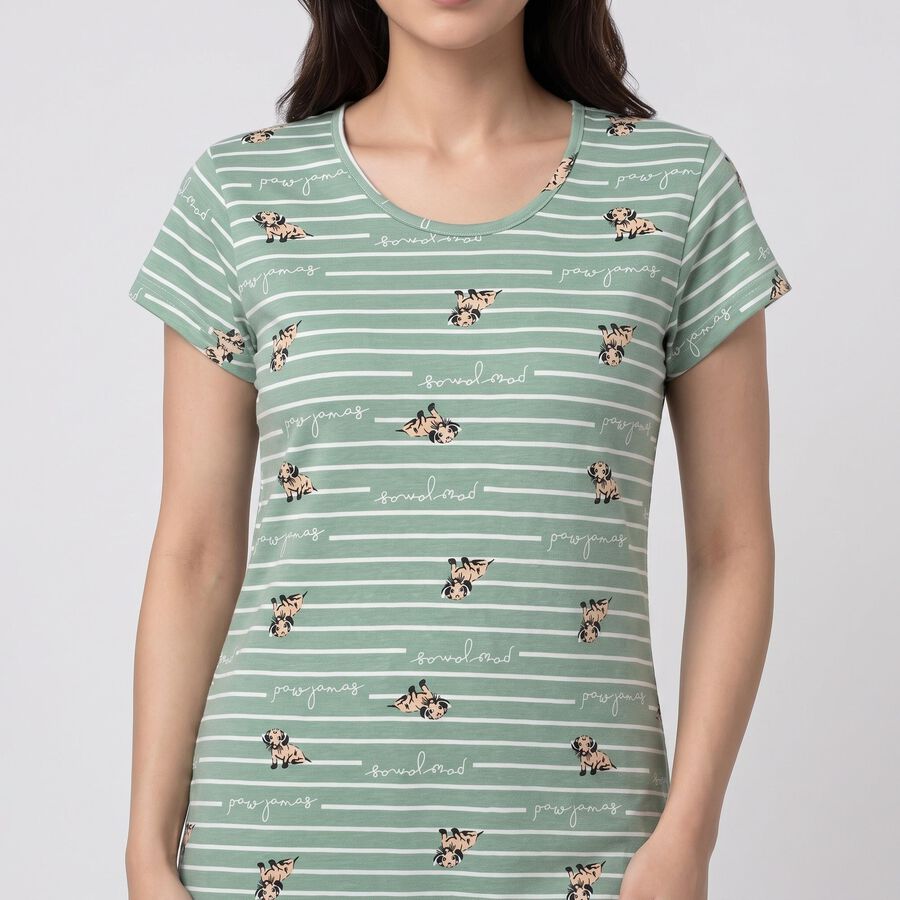 Women's Mint Green Cotton Round Neck T-Shirt Style Nighty, हल्का हरा, large