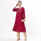 Women's Magenta Round Neck Embroidered Kurta, Fuchsia, small