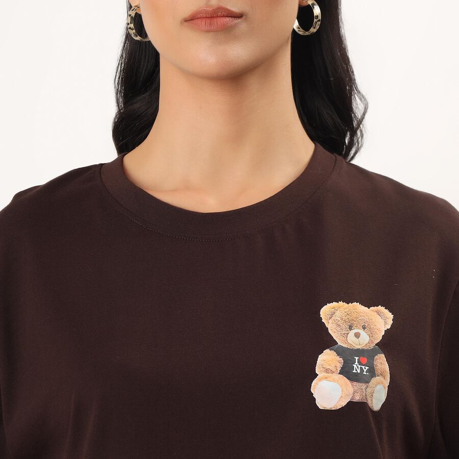 Women's Brown Cotton Round Neck Minimalist T-Shirt, Brown, large