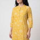 Women's Yellow Mandarin Collar Floral Printed Kurta, Yellow, small