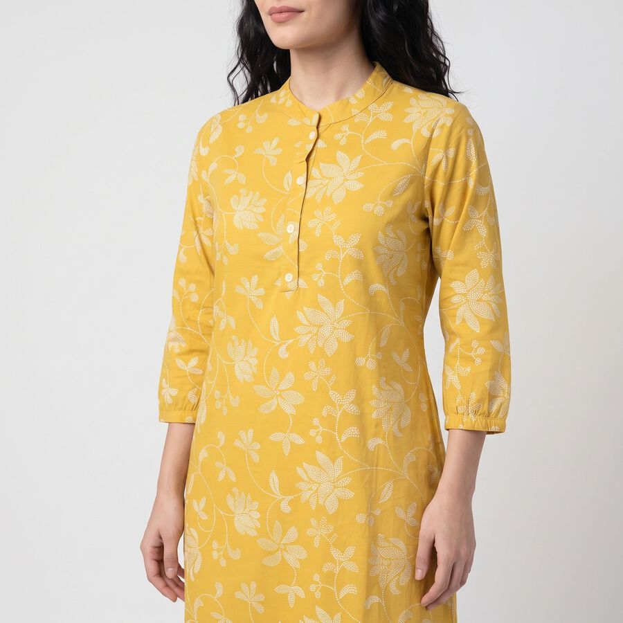 Women's Yellow Mandarin Collar Floral Printed Kurta, Yellow, large