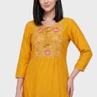 Women's Yellow Round Neck Embroidered Kurta, Yellow, small