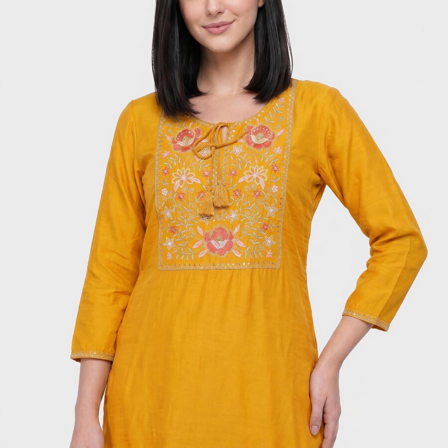 Women's Yellow Round Neck Embroidered Kurta, Yellow, large