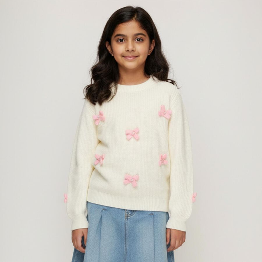 Girls Off White Crew Neck Casual Pullover, Off White, large image number null