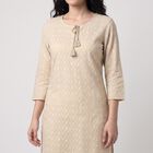 Women's Beige Round Neck Geometric Printed Straight Kurta, गहरा पीला, small