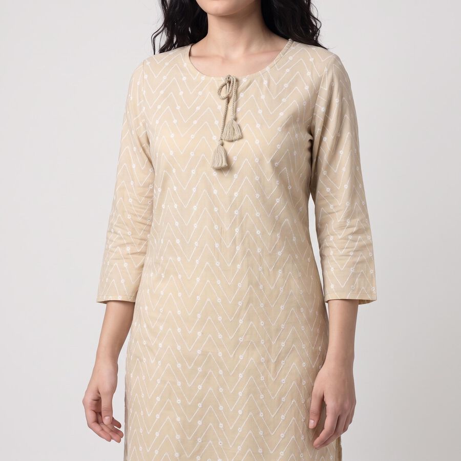 Women's Beige Round Neck Geometric Printed Straight Kurta, गहरा पीला, large