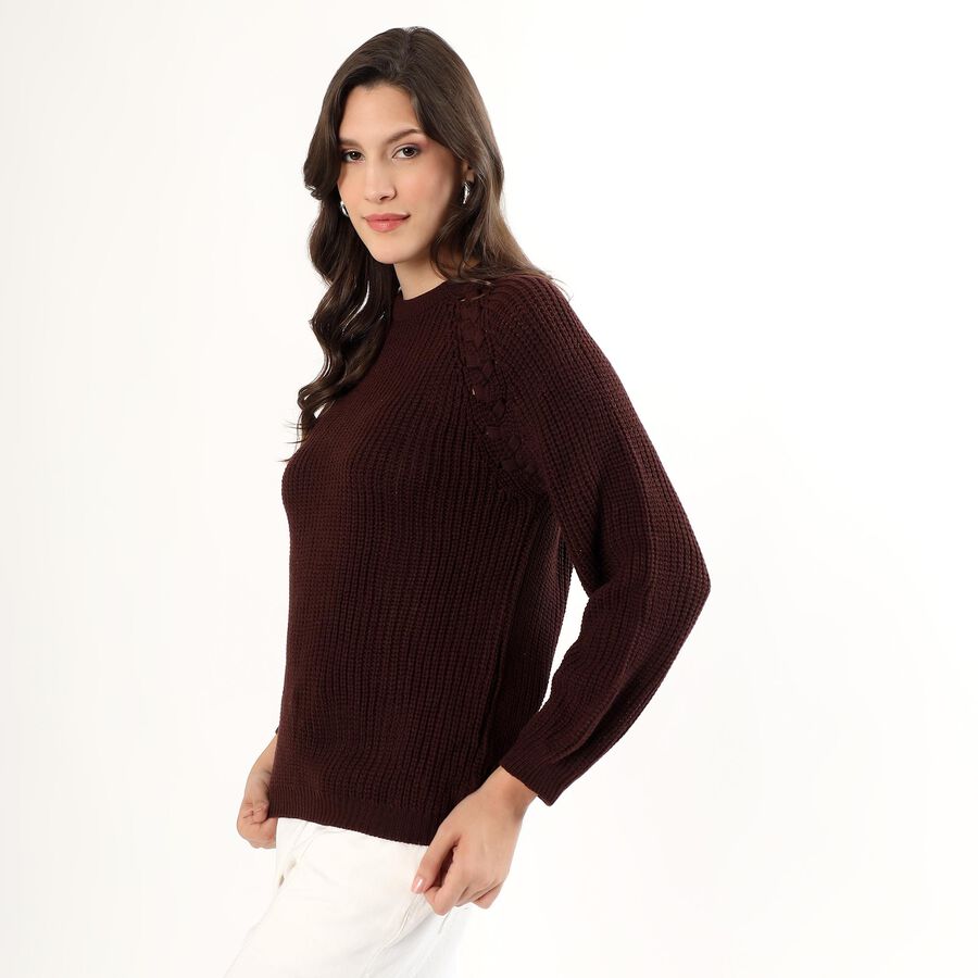 Women's Dark Brown Crew Neck Casual Pullover, भूरा, large image number null