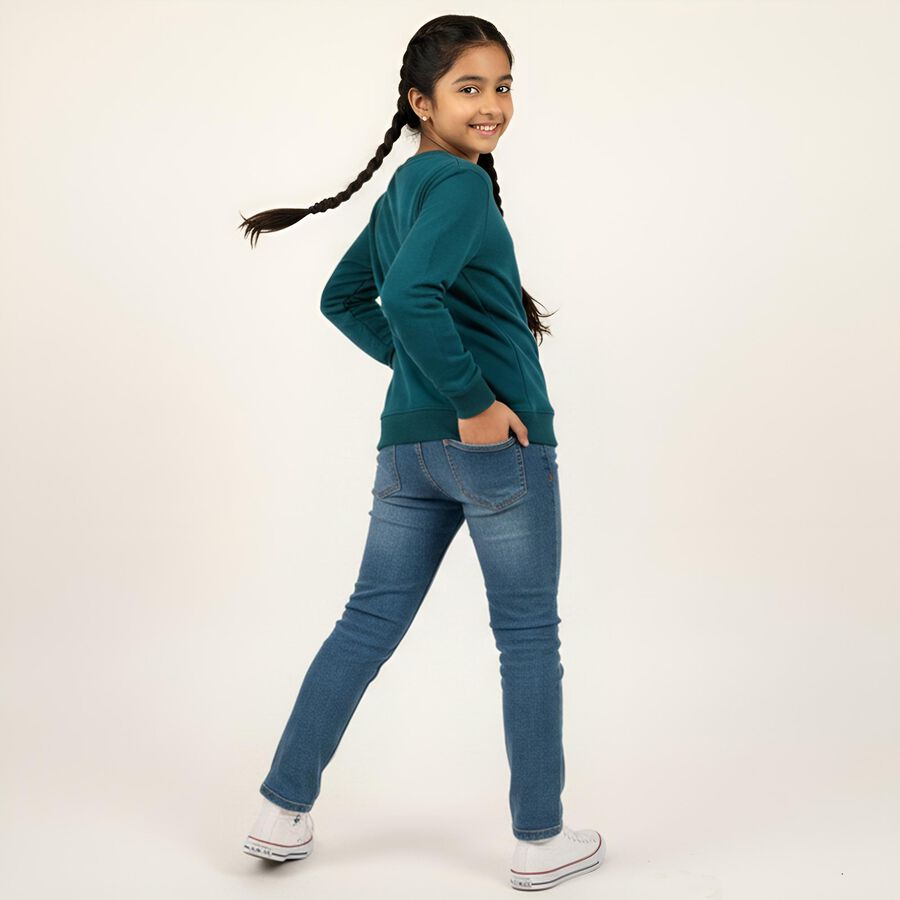 Girls Teal Green Crew Neck Casual Sweatshirt, गहरा हरा, large image number null