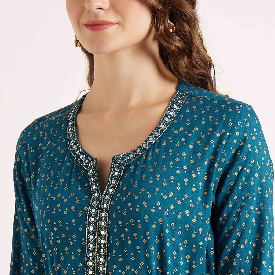 Embroidered 3/4th Sleeve Kurta, टील ब्लू, large image number null