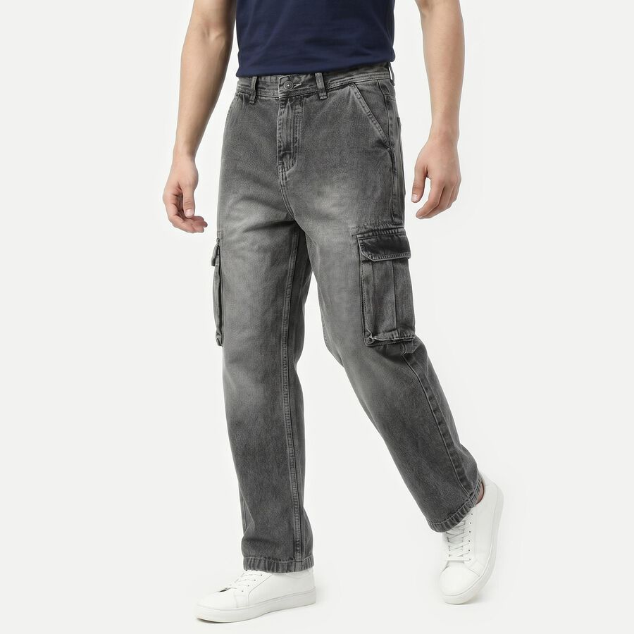Men's Grey Cargo Fit Washed Jeans, Light Grey, large