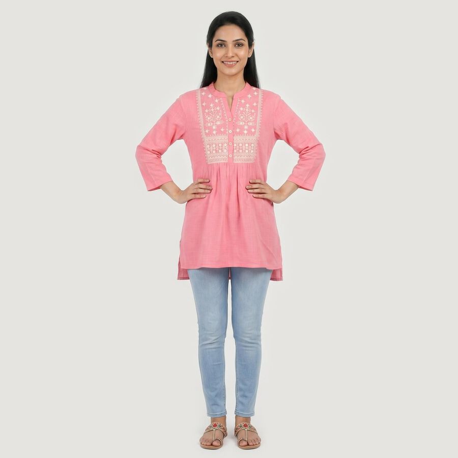 Women's Pink Cotton Mandarin Collar Embroidered Kurti, हल्का गुलाबी, large