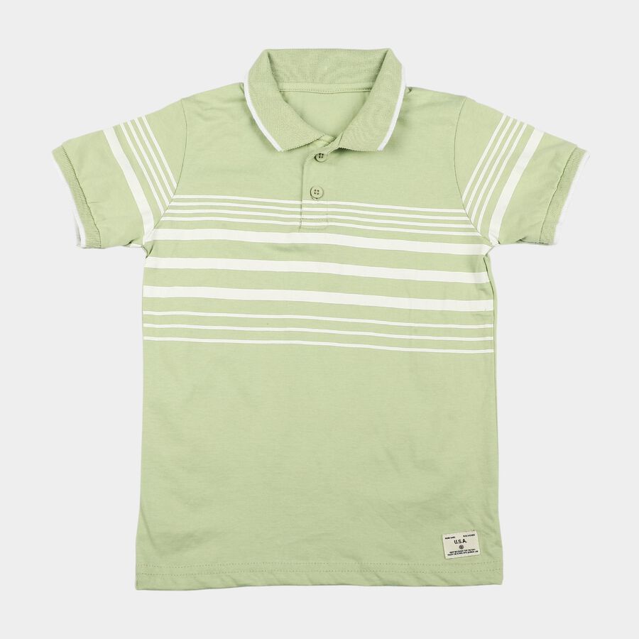 Boys Green Cotton Polo Neck Striped T-Shirt, Light Green, large