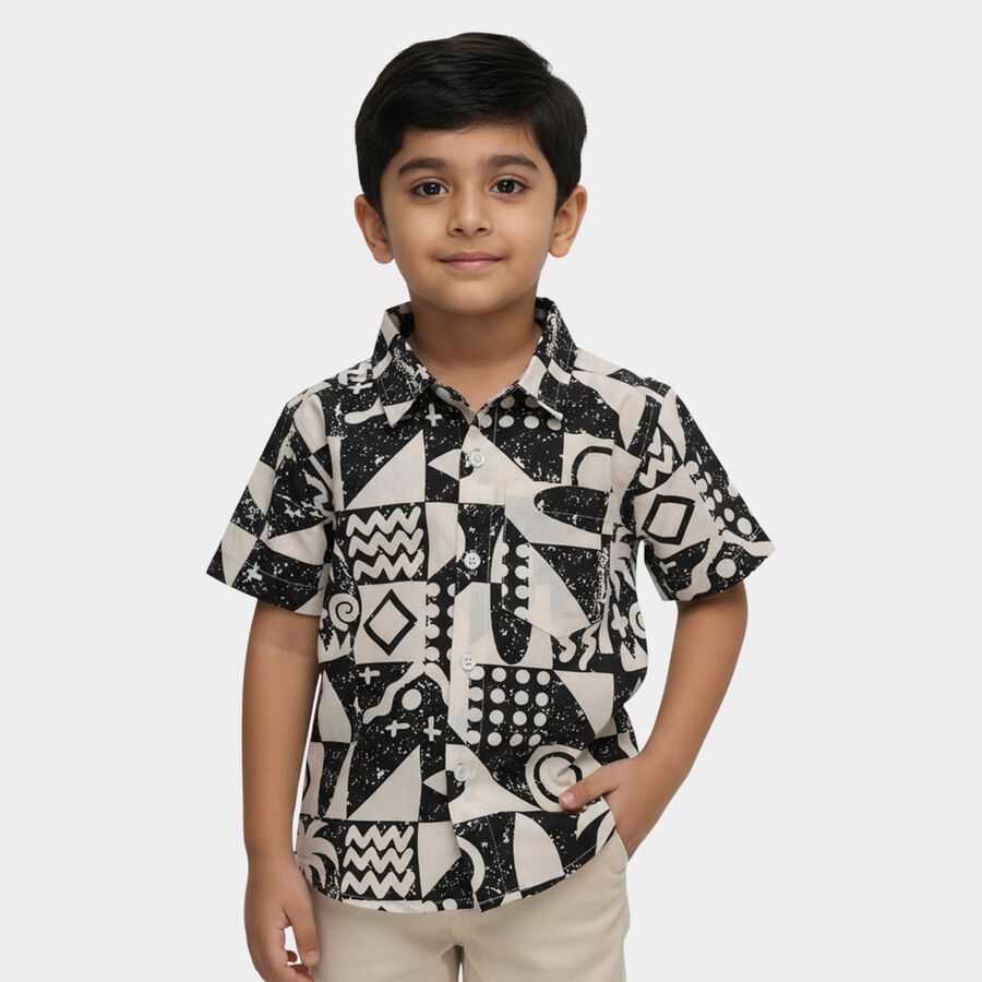 Boys' White Cotton Half Sleeve Classic Collar Casual Shirt, Charcoal, large