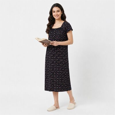 Women Navy Blue Square Neck A-Line Nighty