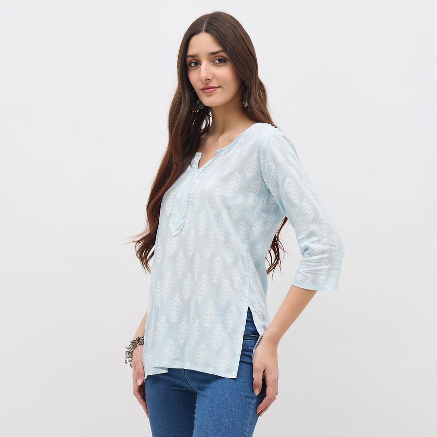 Women's Light Powder Blue V-Neck Printed Kurti, हल्का नीला, large image number null