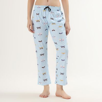 Women's Light Sky Blue Dragonfly Printed Cotton Pyjama