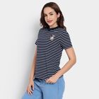 Ladies'  Stripes Round Neck T-Shirt, नेवी ब्लू, small image number null