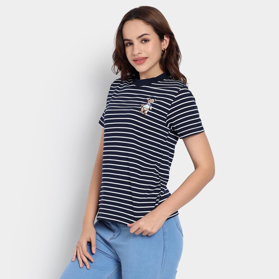 Ladies'  Stripes Round Neck T-Shirt, नेवी ब्लू, large image number null