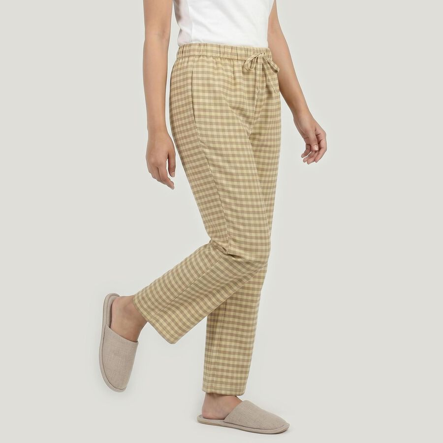 Women's Beige Straight Fit Checked Lounge Pyjama, गहरा पीला, large