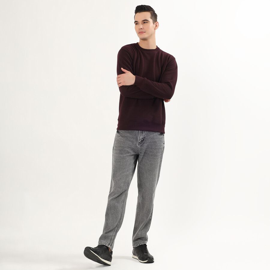Men's Deep Burgundy Crew Neck Textured Sweatshirt, Wine, large image number null