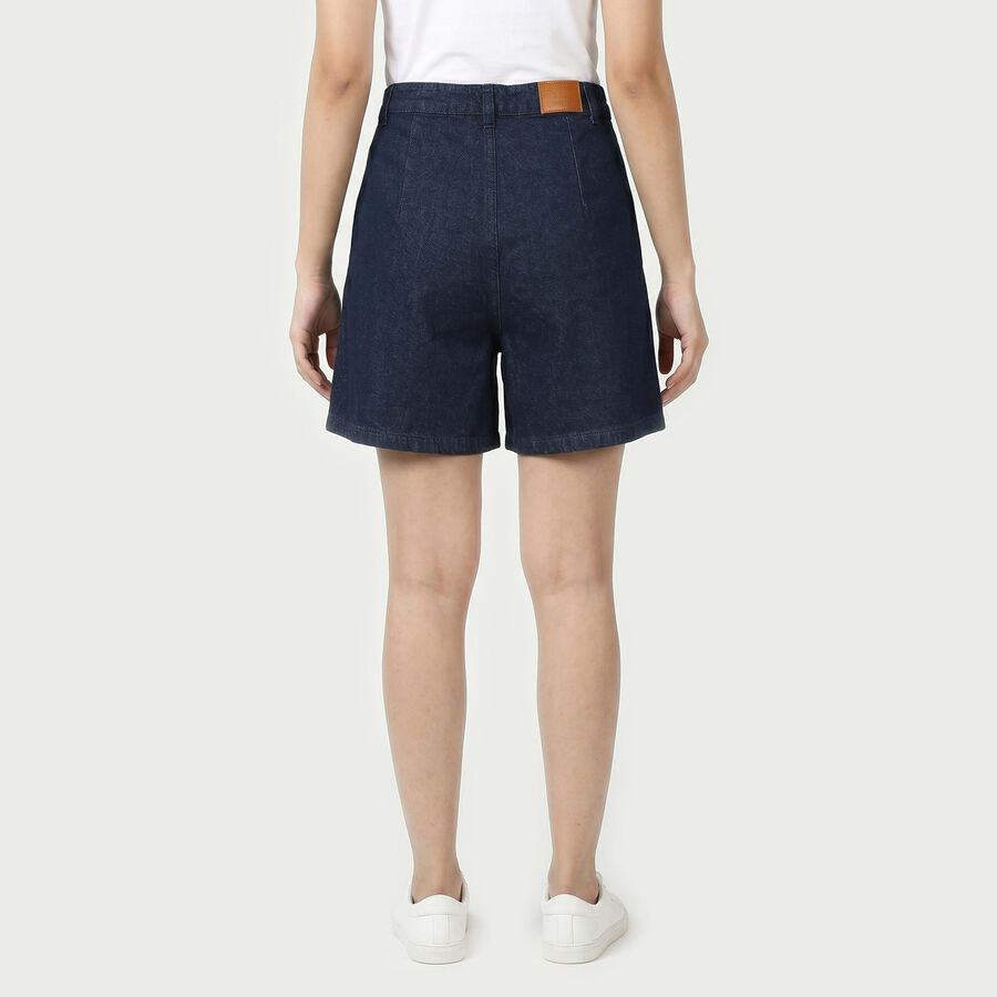 Women's Navy Blue Relaxed Fit Pleated Denim Shorts, गहरा नीला, large