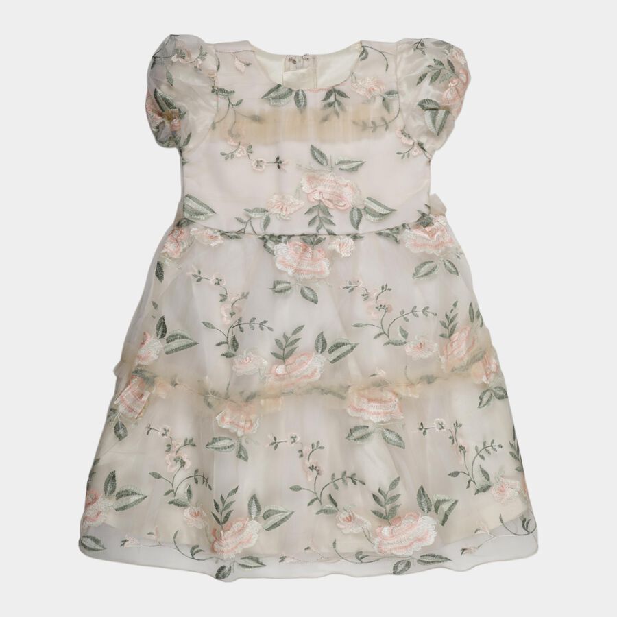 Girls' Beige Fit and Flare Lace Overlay Frock, गहरा पीला, large