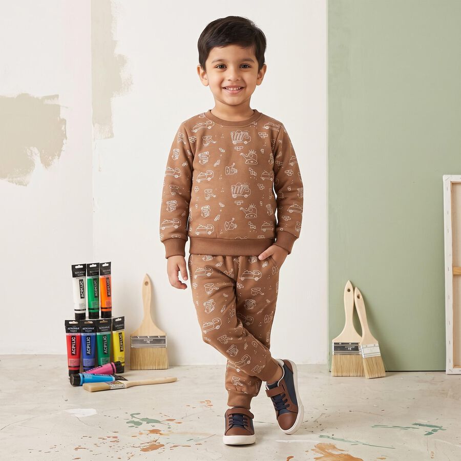 Boys Brown Crew Neck Printed Baba Suit, भूरा, large