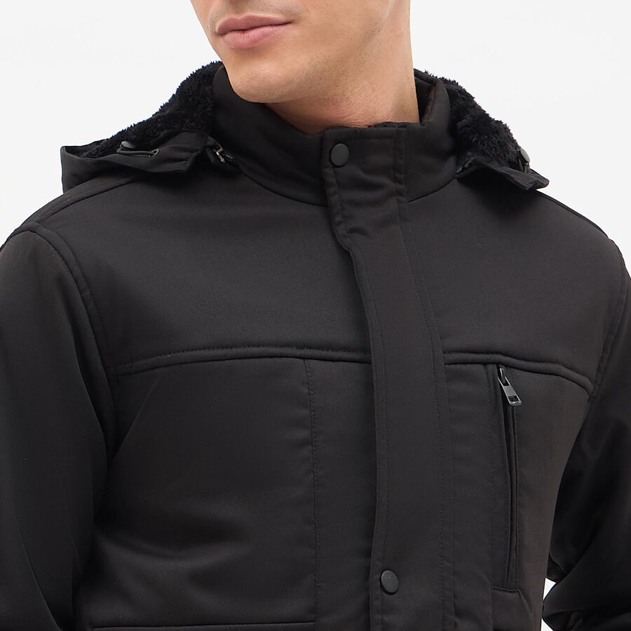 Men's Jet Black Hooded Casual Jacket, काला, large image number null