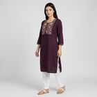 Women's Purple Round Neck Embroidered Kurta, बैंगनी, small