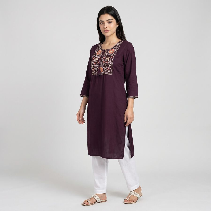 Women's Purple Round Neck Embroidered Kurta, बैंगनी, large