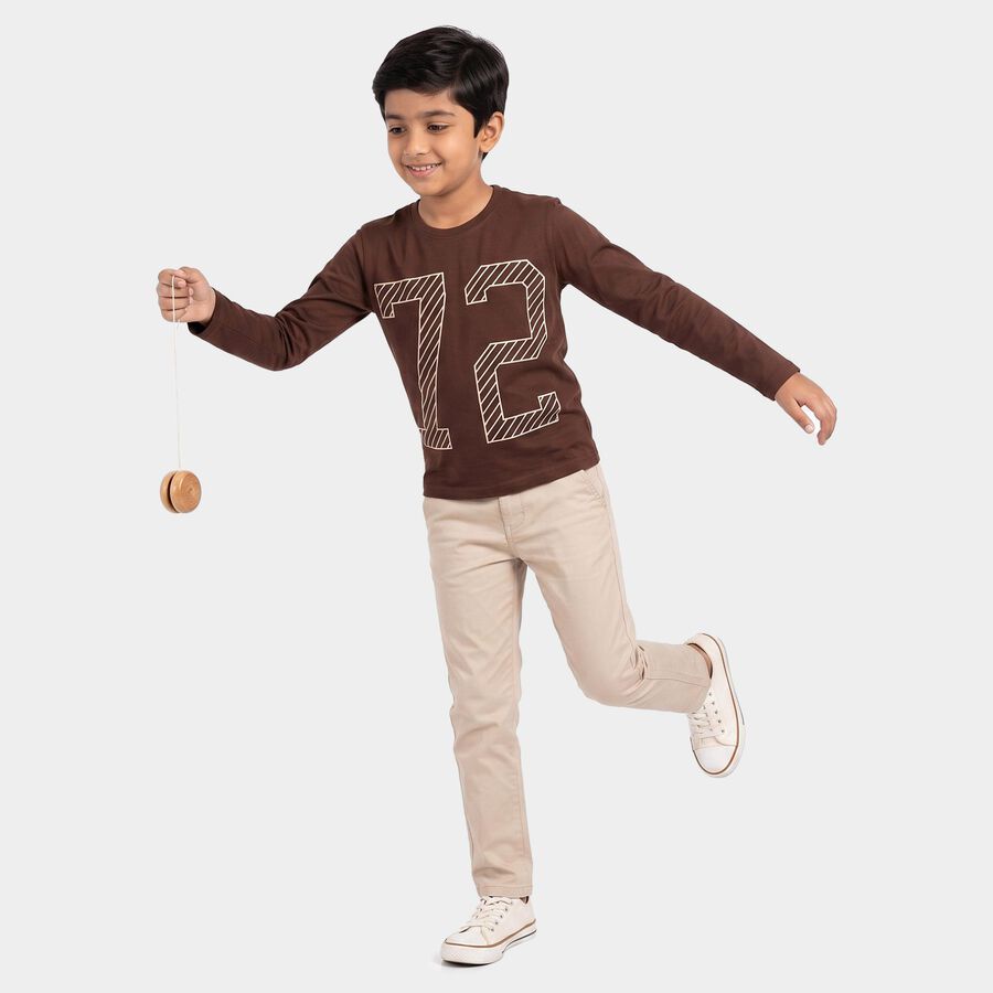 Boys Brown Crew Neck Regular T-Shirt, भूरा, large