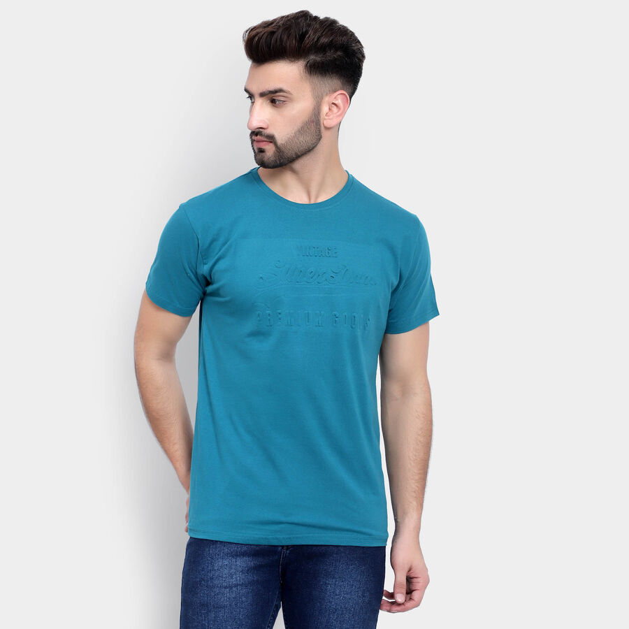 Cotton Solid Round Neck T-Shirt, Teal Blue, large image number null