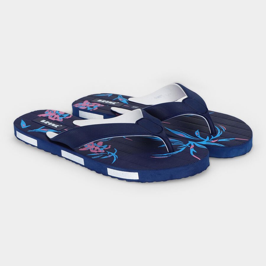 Women's Navy Blue Floral Print Flip-Flops, गहरा नीला, large
