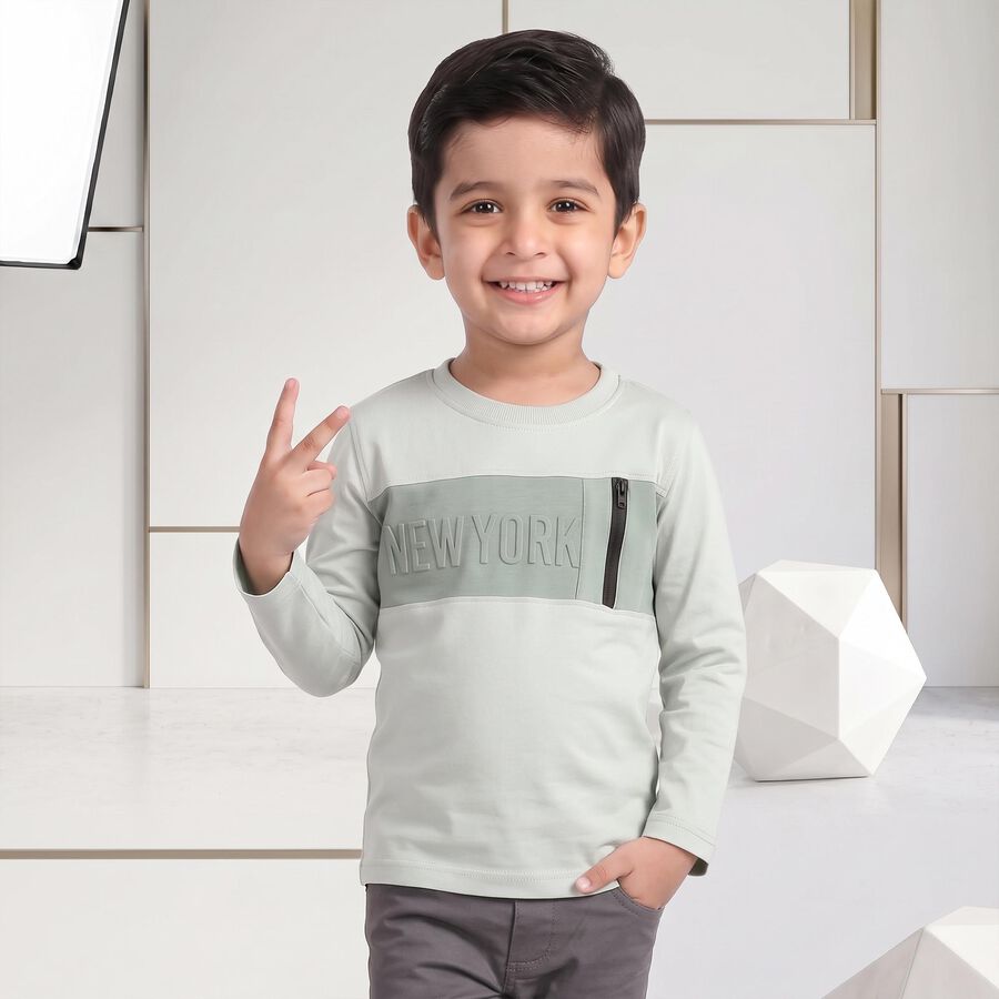 Boys' Mint Green Cotton Round Neck Regular T-Shirt, हल्का हरा, large
