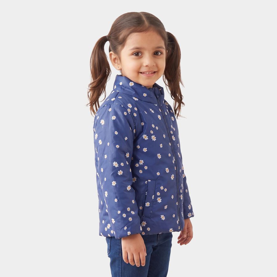 Girls' Navy Blue Stand Collar Puffer Jacket, Navy Blue, large