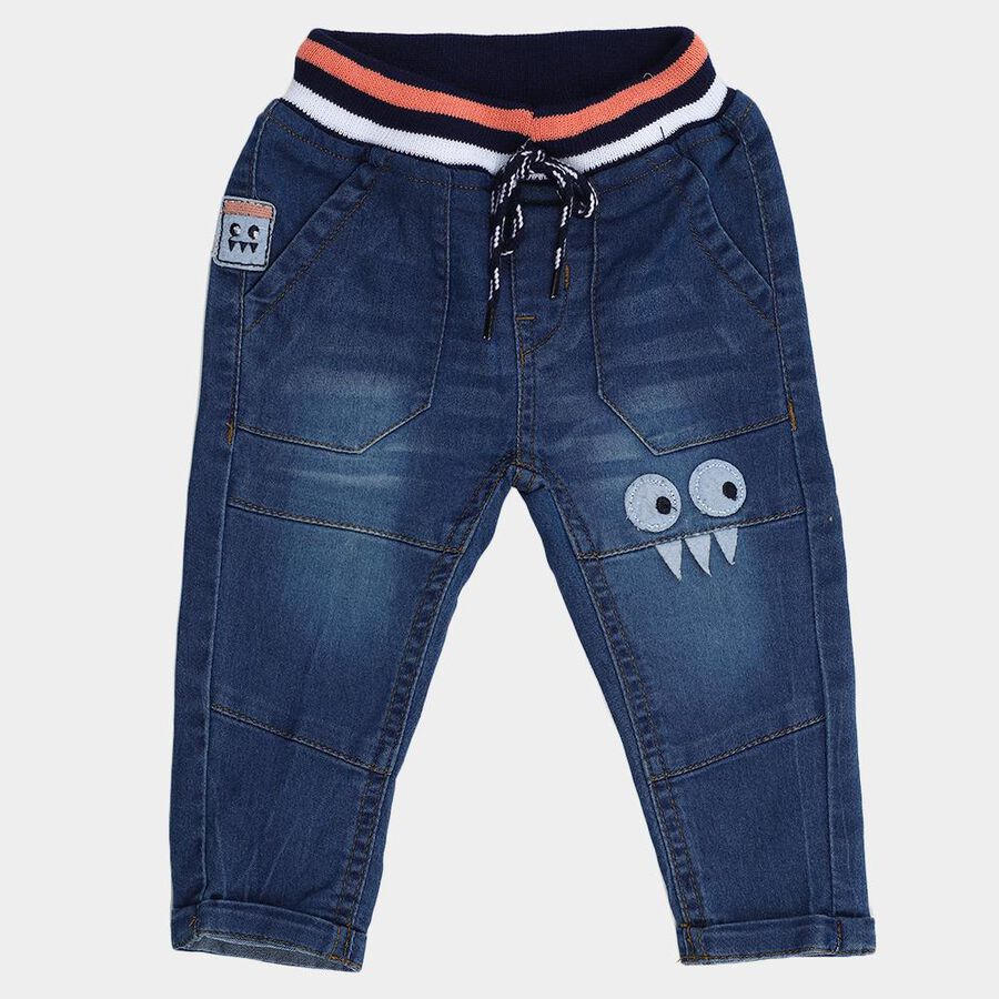 Infants Dark Blue Regular Fit Cartoon Patch Jeans, मध्यम नीला, large image number null