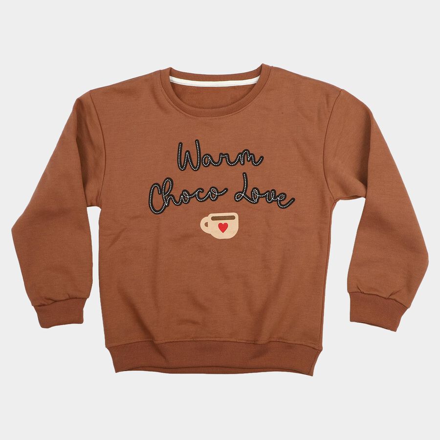 Girls' Brown Crew Neck Graphic Print Sweatshirt, भूरा, large