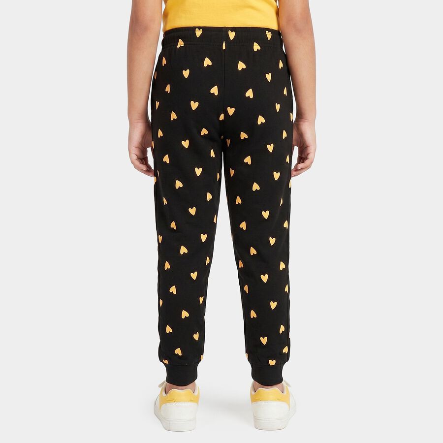 Girls' Black Jogger Fit Heart Printed Cotton Pyjama, काला, large