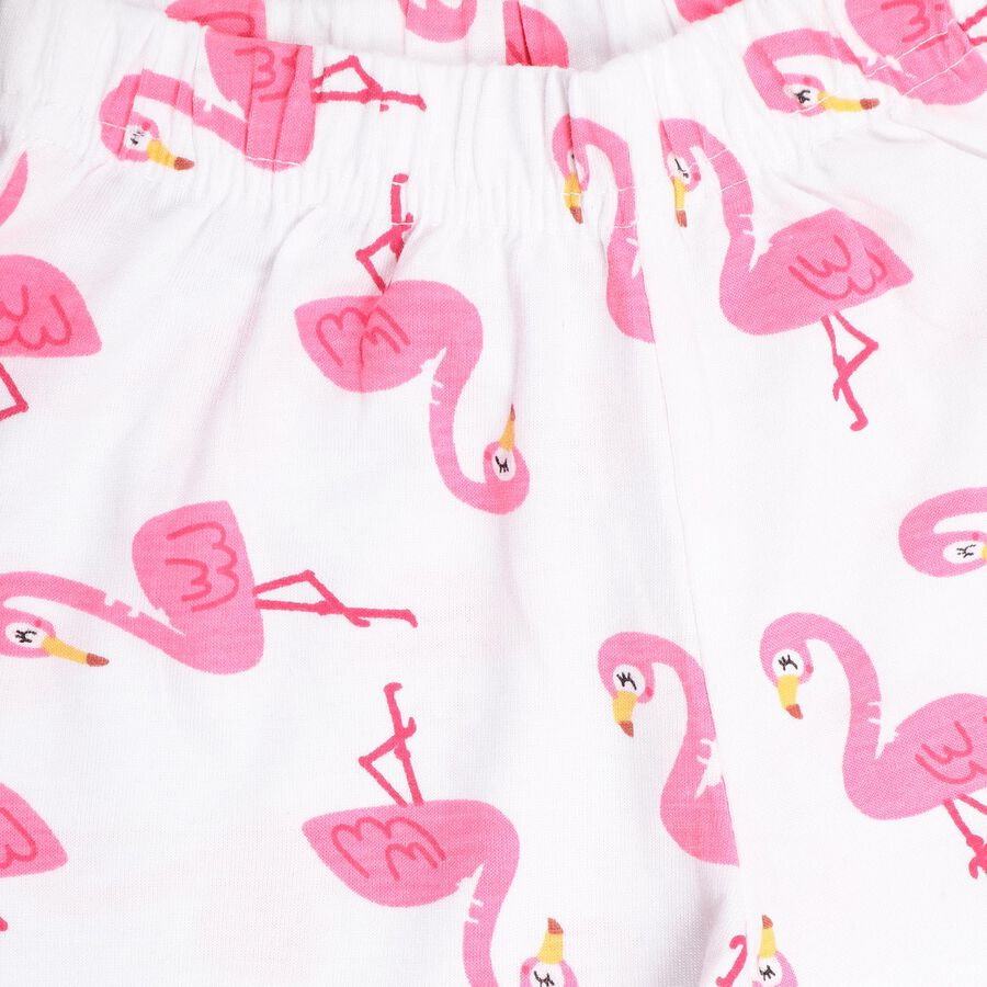 Girls' White Flamingo Printed T-Shirt and Shorts Set, सफ़ेद, large image number null